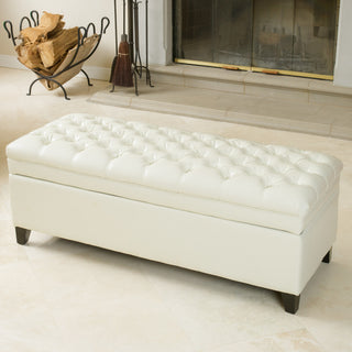 Luka Contemporary Bonded Leather Tufted Storage Ottoman Bench, Ivory