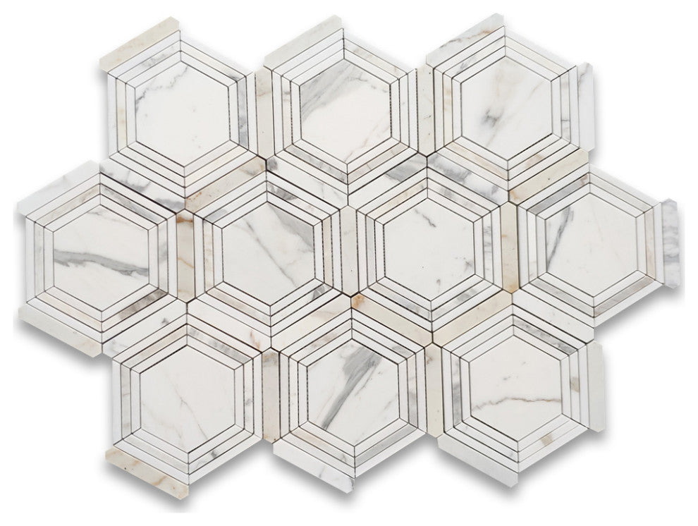 Calacatta Gold Marble Hexagon Georama Mosaic Tile Thassos White Honed, 1 sheet