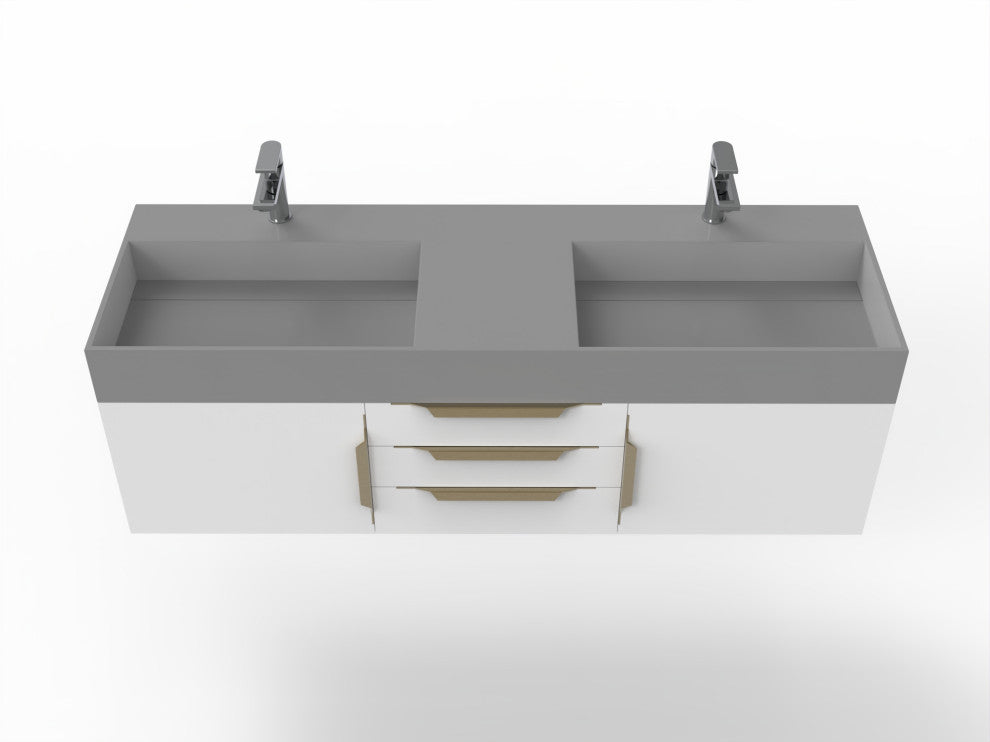 CastelloUSA Amazon 60" Wall Mounted Bathroom Vanity Set, White, Gray Top, Gold Handles