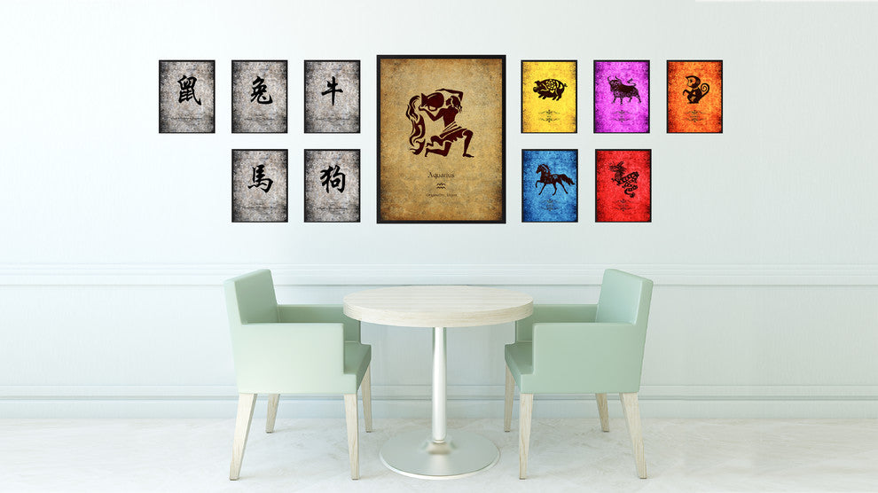 Aquarius Horoscope Astrology Brown Print on Canvas with Picture Frame, 13"x17"