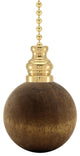 Walnut Dark Wood Ball Ceiling Fan Pull, 1.5"h with 12" Polished Brass Chain