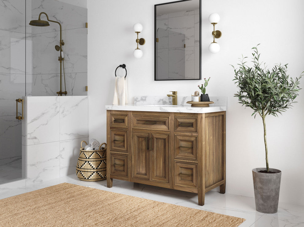 Santa Monica 48 Single Sink Bath Vanity in Graywashed Teak 1.5" White Quartz