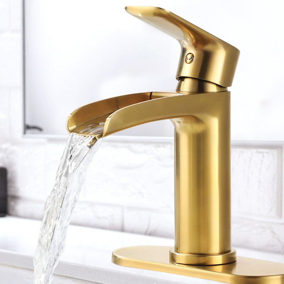 Single Hole Waterfall Spout Bathroom Faucet with Deck Plate, Brushed Gold