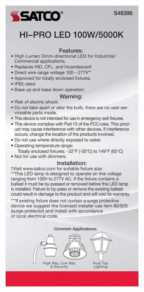100W LED HID Replacement, 5000K, Extended Mogul Base, Type B Ballast Bypass