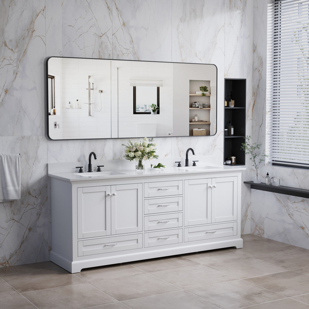 80" Freestanding Bathroom Vanity with White Cultured Marble Top in White
