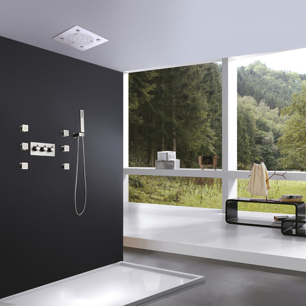 Luxury LED Rain Shower System With Rough-In Valve & 6 Body Jets, Brushed Nickel