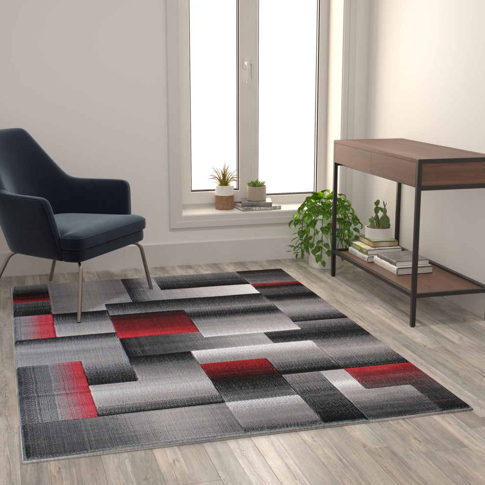 Elio Collection Color Blocked Area Rug, Red, 5' X 7'