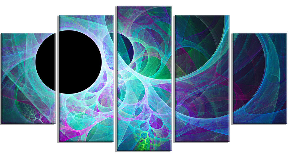 Blue Angel Wings on Black, Contemporary Wall Art Canvas, 60"x32", 5 Panels