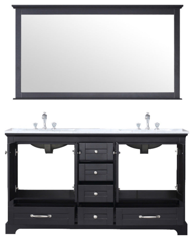 60" Double Vanity, Carrara Marble Top, Square Sinksand58" Mirror With Faucets