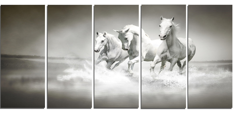 Horses Running Through Water, Oversized Animal Wall Art, 60"x28", 5 Panels
