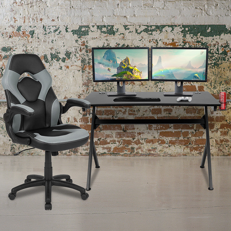 Gaming Desk & Gray Racing Chair Set w/Cup Holder, Headphone Hook & 2 Wire Holes