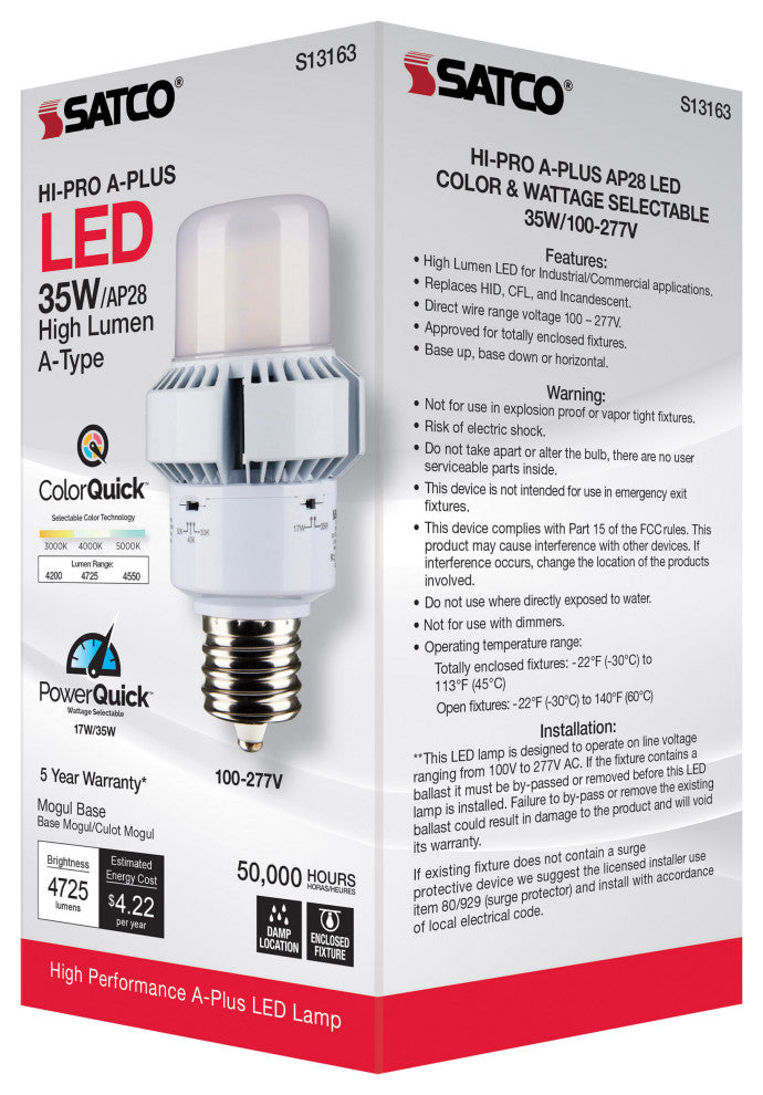 35W, A-Plus 28, LED, CCT Selectable andWage Selectable, Extended Mogul Base