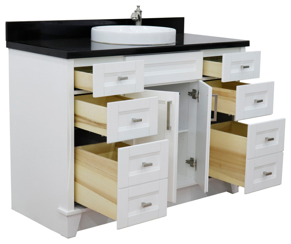 49" Single Sink Vanity, White Finish With Black Galaxy Granite And Round Sink