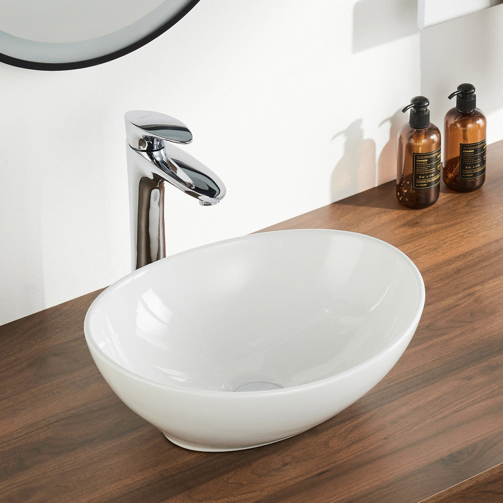 16" x 13" Oval White Ceramic Modern Egg Shape Above Counter Bathroom Vessel Sink