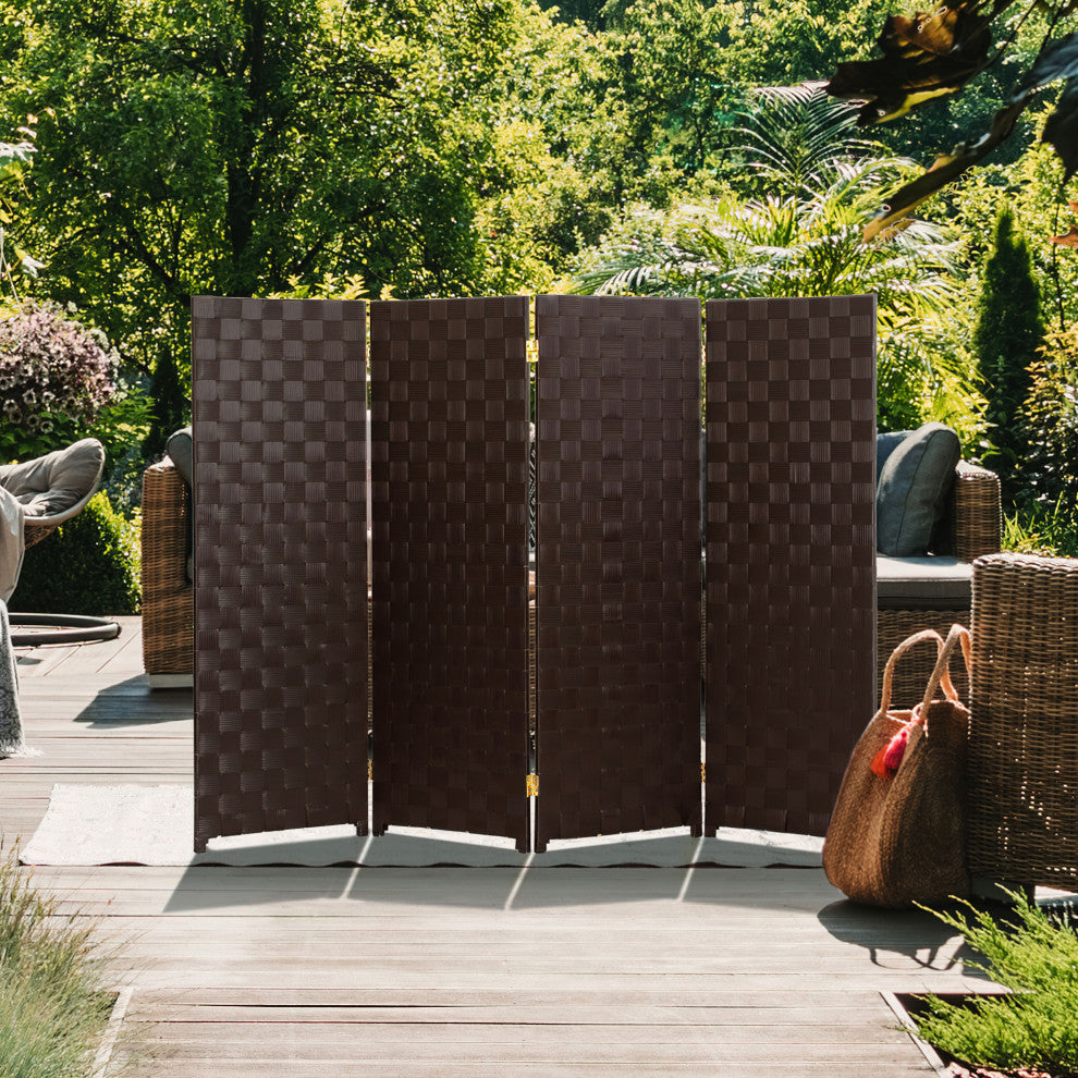 4 ft. Short Woven Fiber Outdoor All Weather Room Divider 4 Panel Dark Brown