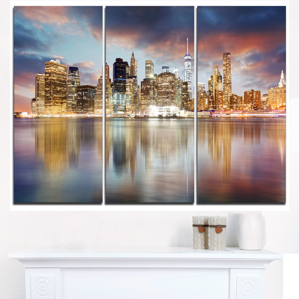 "New York Skyline at Sunrise With Reflection." Metal Wall Art, 3 Panels, 36"x28"
