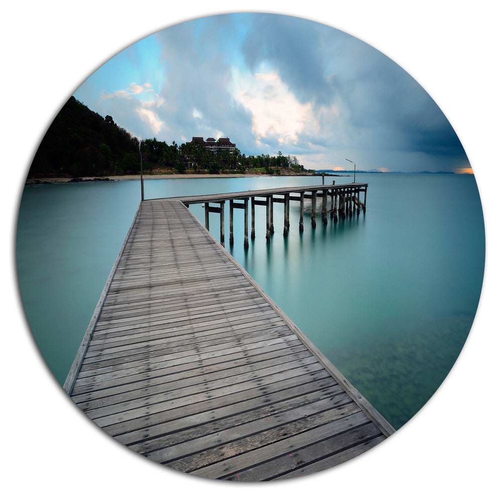 Wooden Bridge To Calm Ocean, Modern Bridge Round Wall Art, 38"