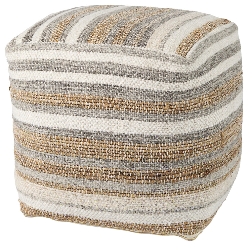 Aahana 16.0Lx16.0Wx16.0H White/Taupe/Gray Striped Hemp and Cotton Pouf