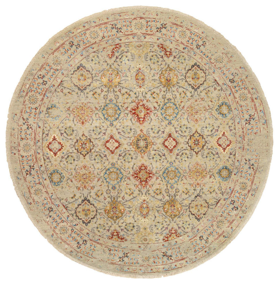 Beige, Wool and Pure Silk, Hand Knotted, Oriental, Round, Rug, 8'9" x 8'9"