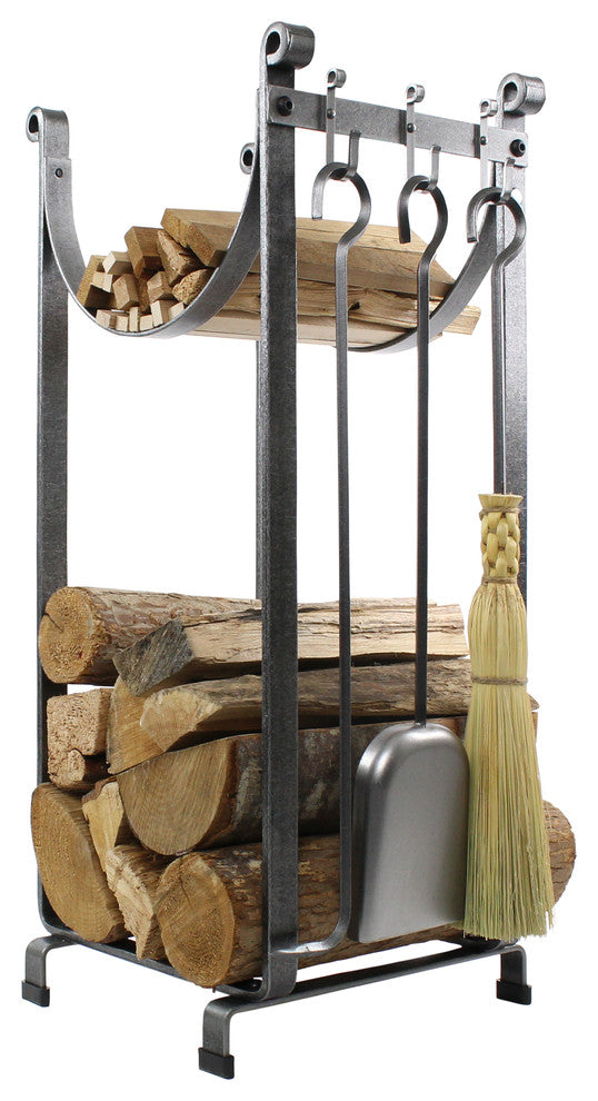 Handcrafted Sling Fireplace Log Rack wBase, Bar & 3 Tools Hammered Steel