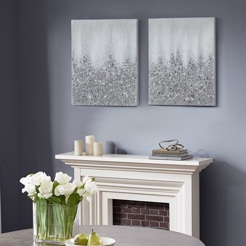 Madison Park Glimmer Hand Brush Embellished Canvas, 2-Piece Set, Silver