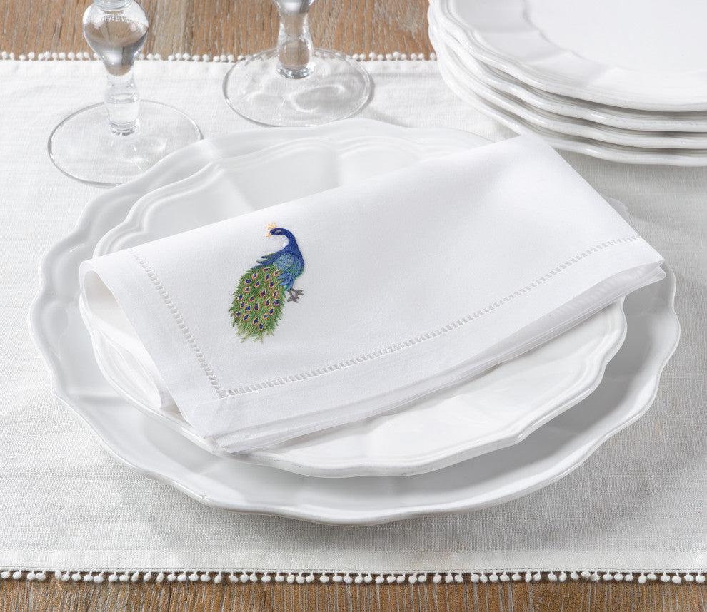 Hemstitch Border Cotton Napkins With Peacock Embroidery, Set of 6, 20" x 20"