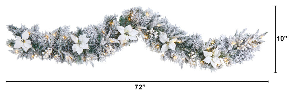 6' Flocked Poinsettia and Berry Artificial Christmas Garland With 50 LED Lights