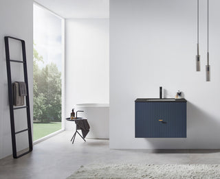 BARCELONA Wall Mount Modern Bathroom Vanity, Dark Blue, 30", Black Countertop