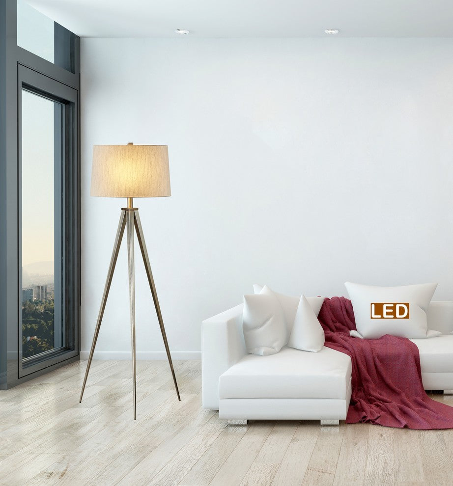 Artiva USA Hollywood 63" LED Tripod Floor Lamp With Dimmer, Satin Nickel