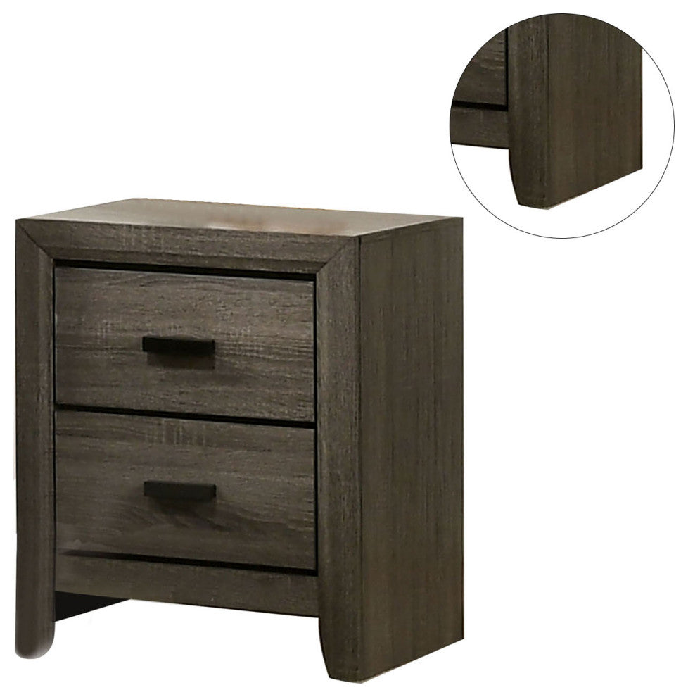2 Drawers Wooden Nightstand With Black Rectangular Pulls, Gray