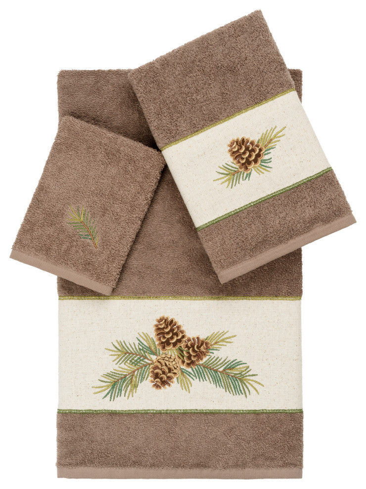 Linum Home Textiles Turkish Cotton Pierre 3-Piece Embellished Towel Set, Latte