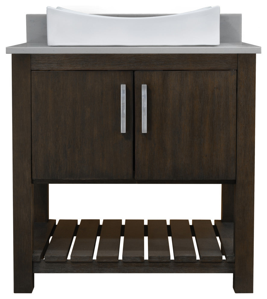 30" Vanity, Smoke Grey Quartz Top, Backsplash, Sink, Drain, and P-Trap, Chrome, Without Mirror