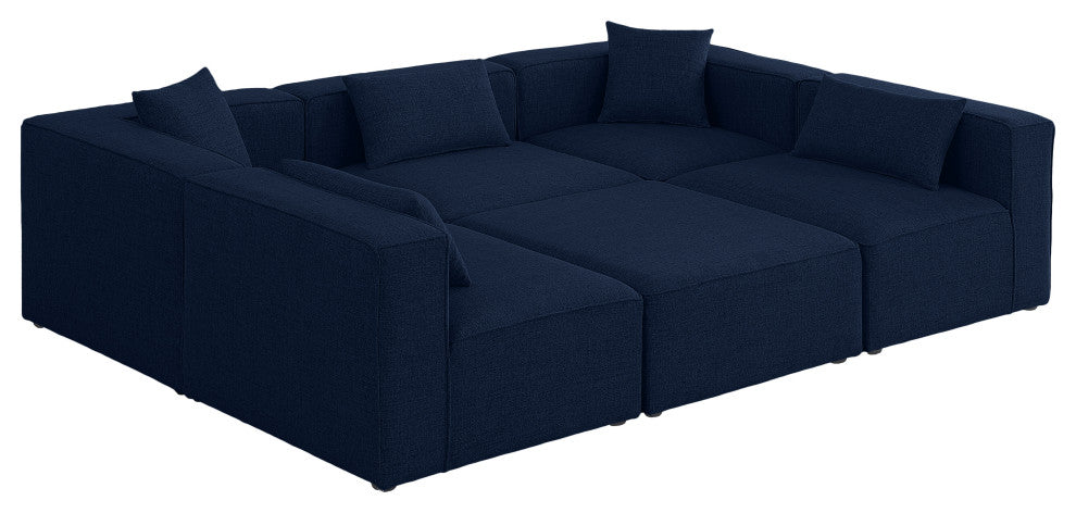 Cube Upholstered Modular Sectional, Navy, 6-Piece: 3 Armless Chair, 2 Corner Chair, 1 Ottoman, Linen Texured Fabric