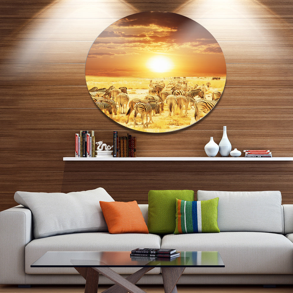 Wandering Herd Of Zebra At Sunset, African Disc Metal Wall Art, 36"