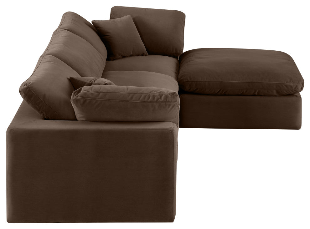 Comfy Upholstered L-Shaped Modular Sectional, Brown, 4-Piece: 1 Armless Chair, 2 Corner Chair, 1 Ottoman, Velvet