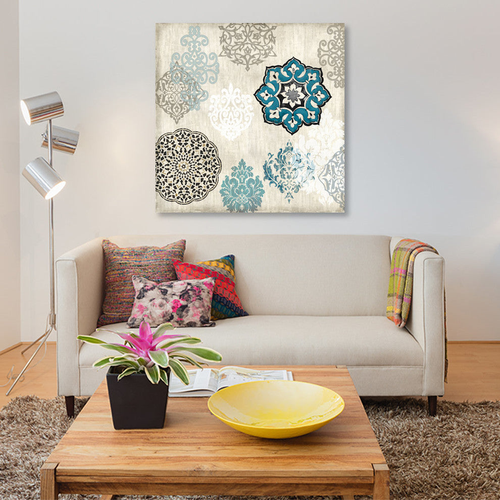 "Decorative Blue Ornaments I" by Ellie Roberts, Canvas Print, 26"x26"