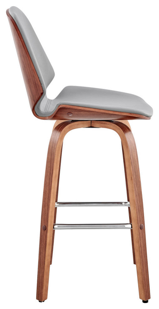 Arabela Faux Leather and Wood Swivel Bar Stool, Gray and Walnut