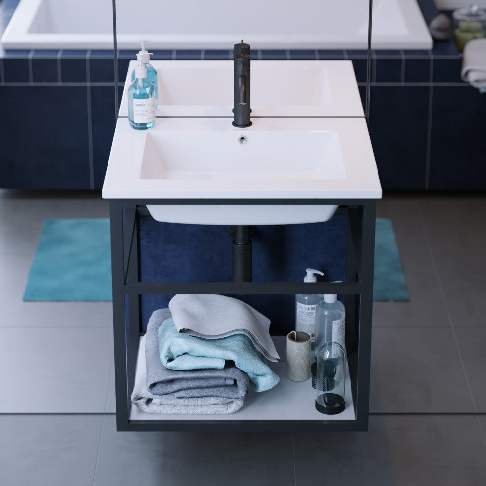 Pierre 24 Single, Metal Frame, Open Shelf, Bathroom Vanity, Black