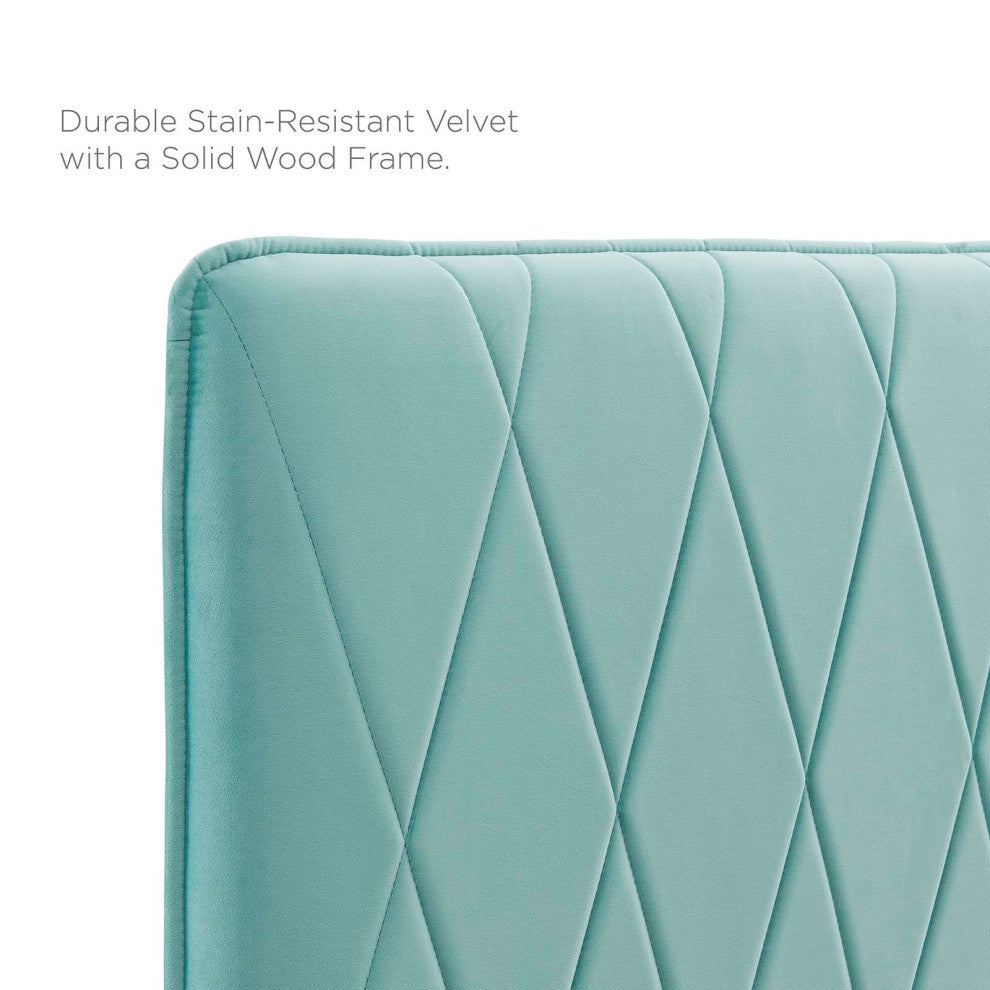 Platform Bed Frame, King Size, Velvet, Blue, Modern Contemporary, Bedroom Master