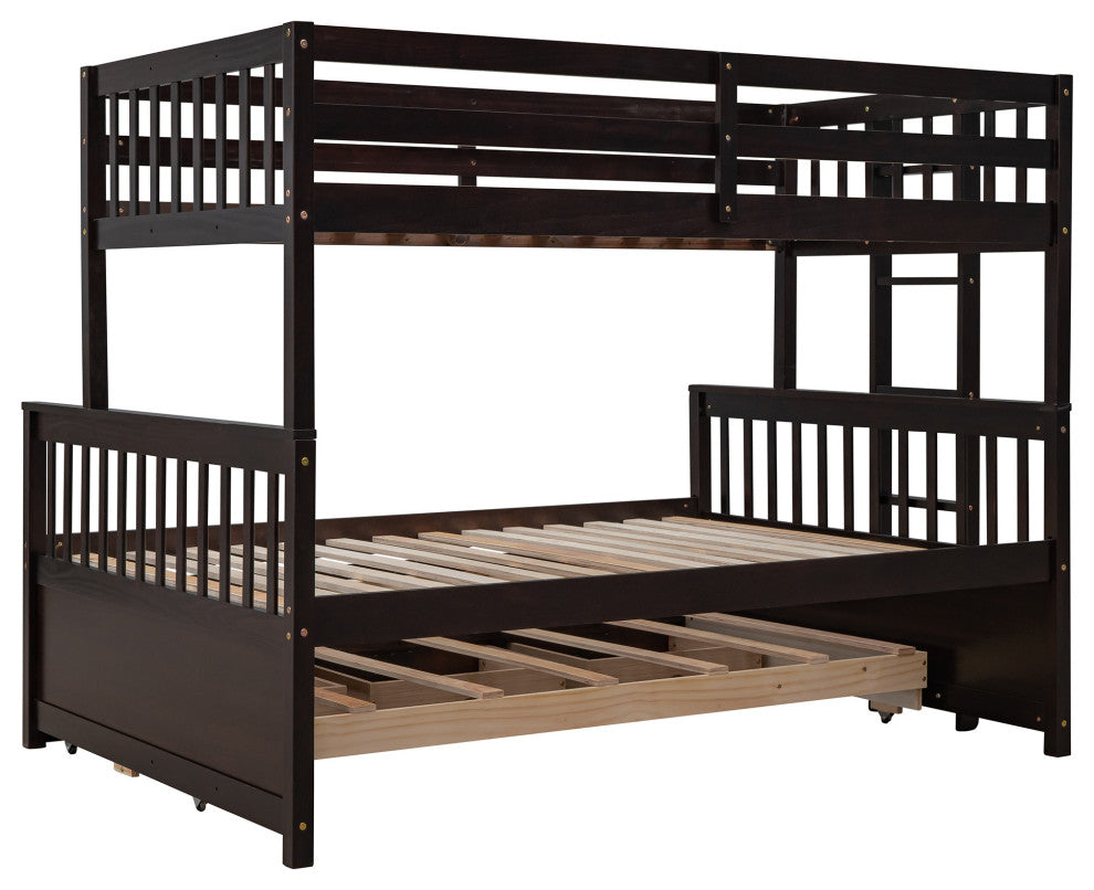 Gewnee Wood Kids Convertible Twin-Over-Full Bunk Bed with Trundle in Espresso