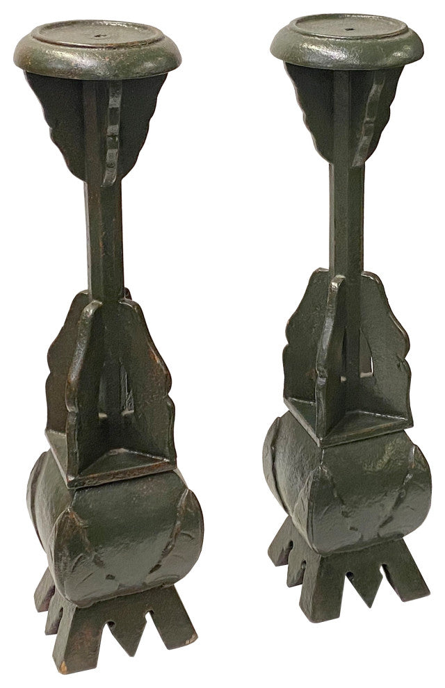 Pair Handmade Wood Green Square Base Round Candle Holders Display, Hws2231