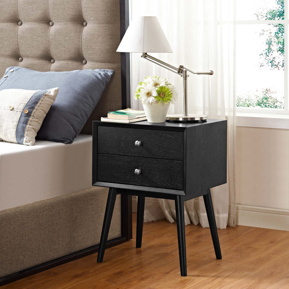 Nightstand Side End Table, Wood, Black, Modern Mid-Century, Bedroom Living Room
