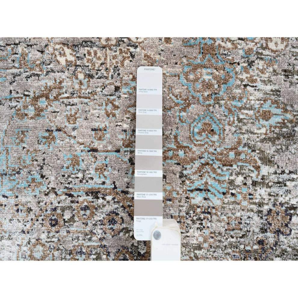 Gray, Modern Persian, Silk With Wool Hand Knotted Wide Runner Rug, 4'0"x10'0"