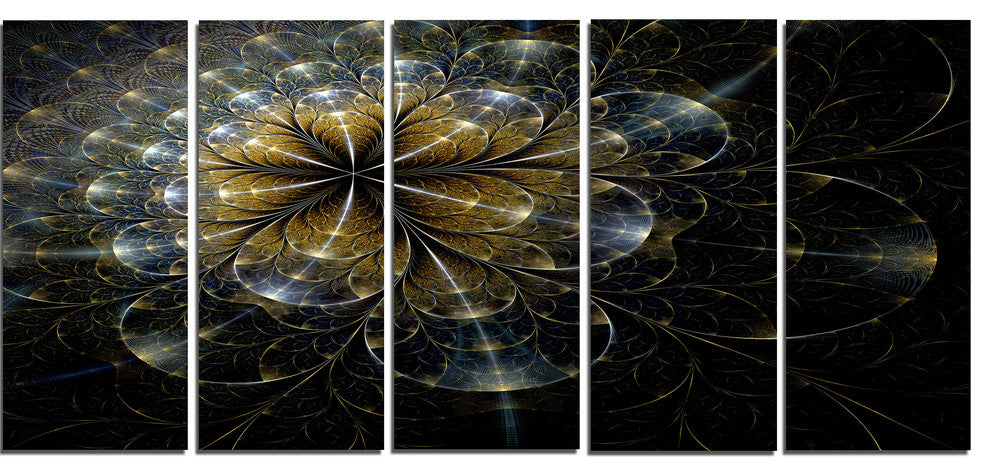 Large Mystic Golden Fractal Flower, Floral Canvas Art Print, 60"x28", 5 Panels