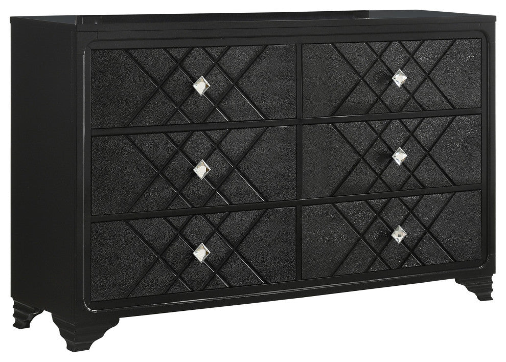 Benzara BM280367 Modern Glam Dresser, 6 Drawers, Diamond Shape Handles, Black