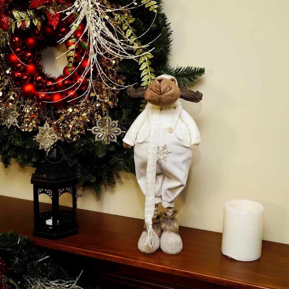 26" White and Brown Standing Boy Moose Decorative Christmas Tabletop Figure