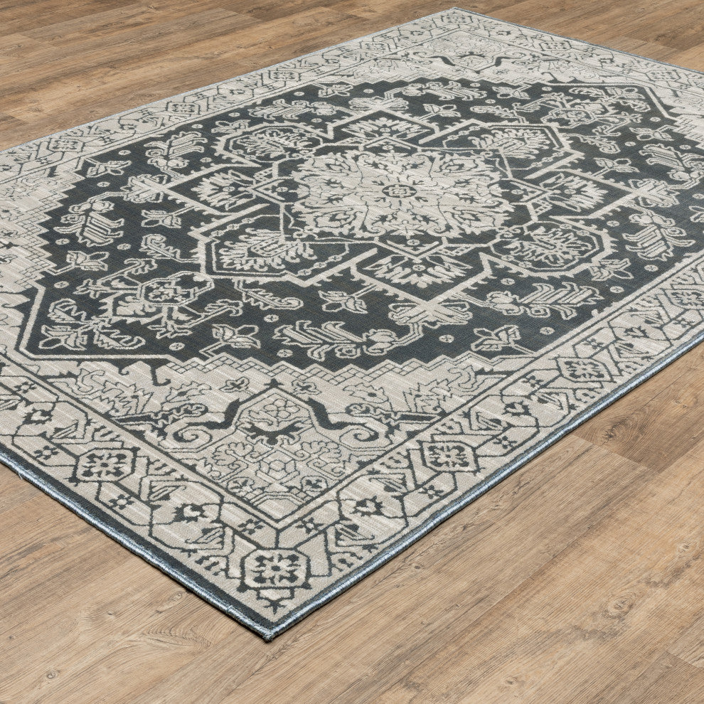 Iris Two-Tone Medallion Blue/ Grey Area Rug 9'10" x 12'10"