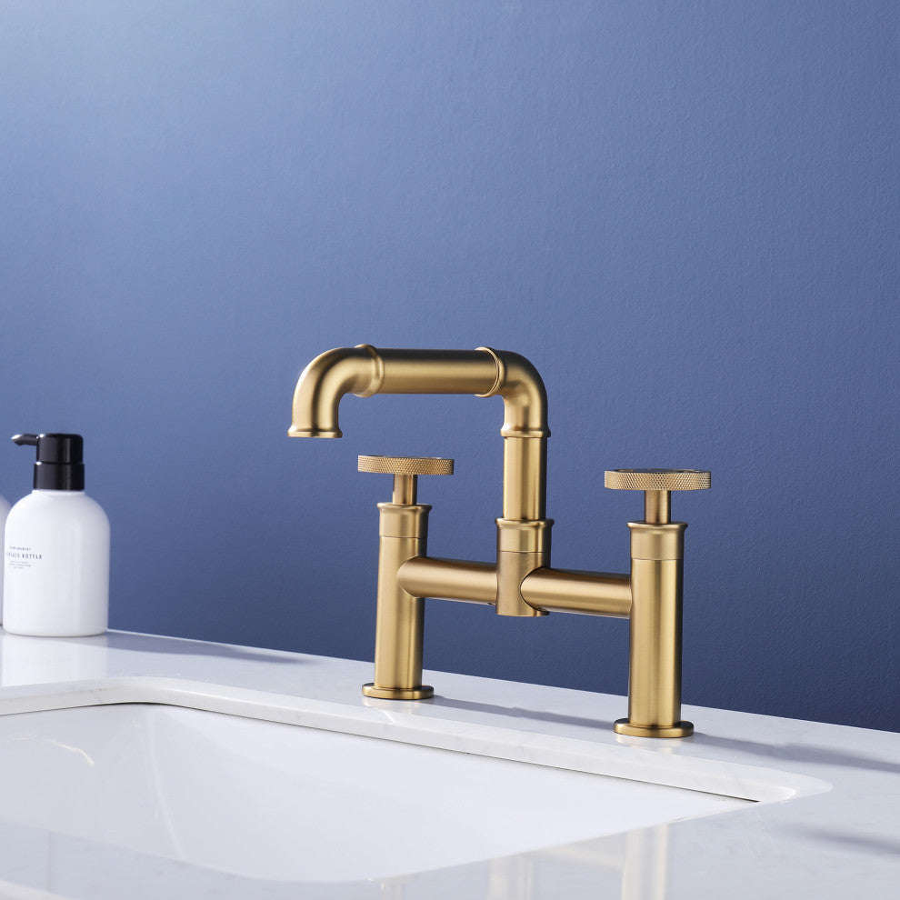 Deck Mounted Dual Handle Bridge Bathroom Faucet, Brushed Gold
