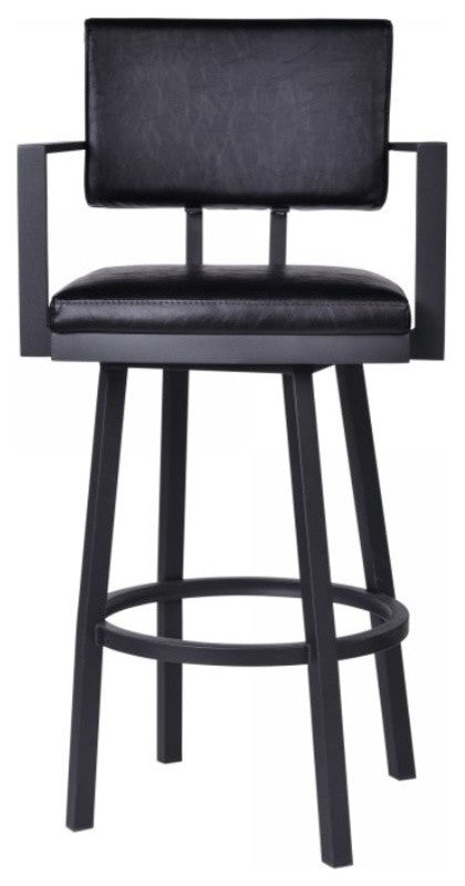 Barstool with Arms in Black Powder Coated Finish and Vintage Black Faux Leather,