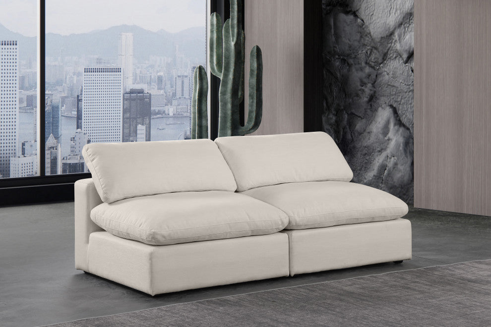 Comfy Upholstered Modular Sofa, Beige, 2-Piece: 2 Armless Chair, Linen Textured Fabric